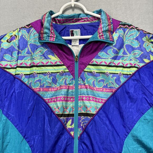 VTG Bolo Spirit Windbreaker Jacket Womens L Retro Colorful Full Zip Floral 80's - Picture 3 of 15